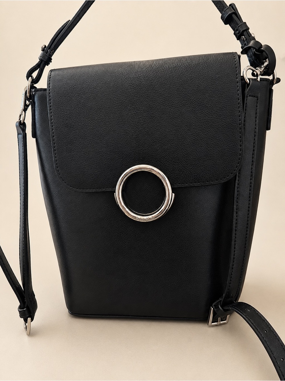 Calvin Klein Reese Black Crossbody Covertible with Silver Ring Accent